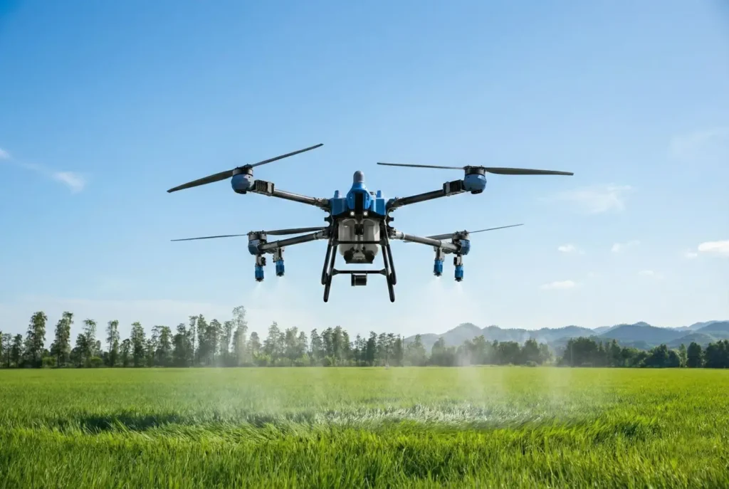 Heavy-lift industrial spraying drone performing precision spraying in a sunny field.