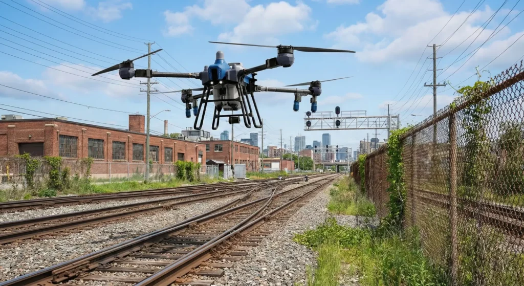 Drone safely passing drown rail tracks
