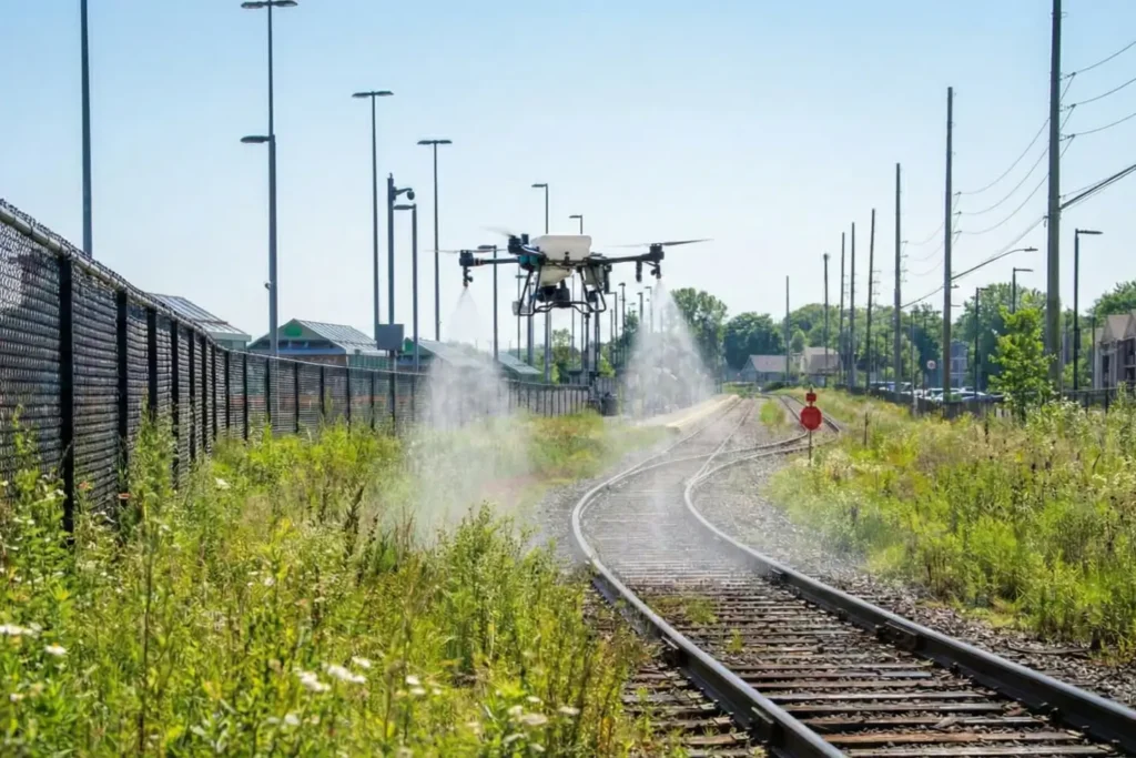 Drone spraying overgrowth on a railway corridor