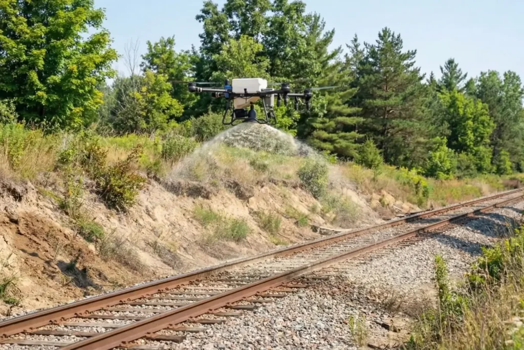 Drone spreading soil stabilizer over a railway