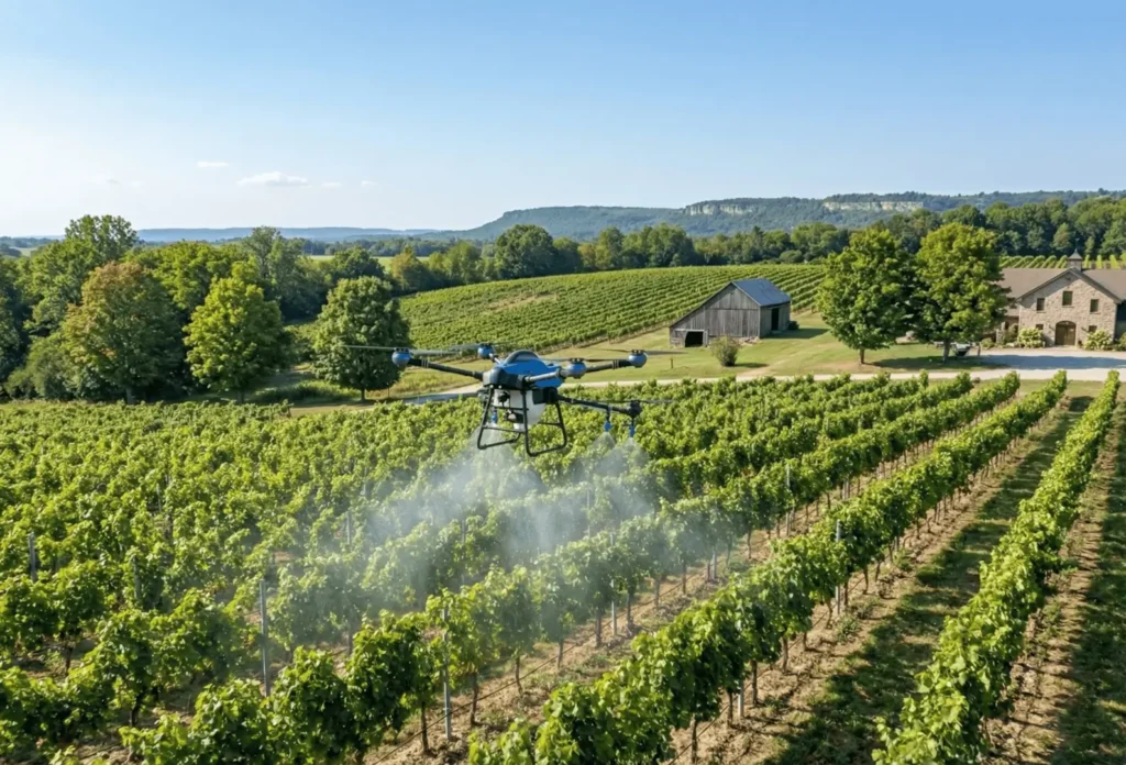 Drone spraying Ontario Vineyard